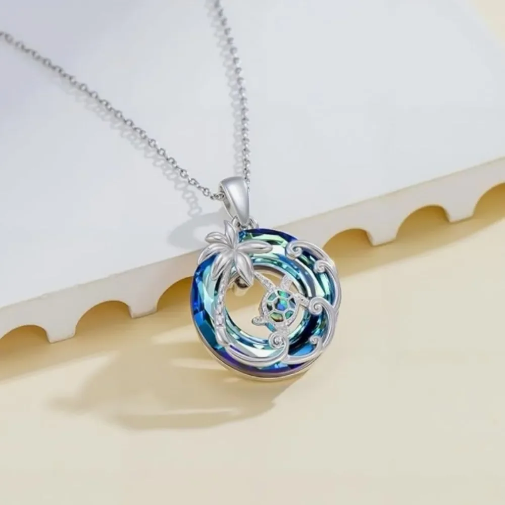 📷💬🩵⏭️NIB Blue Crystal Sterling Silver Sea Turtle Tropical Pendant Necklace